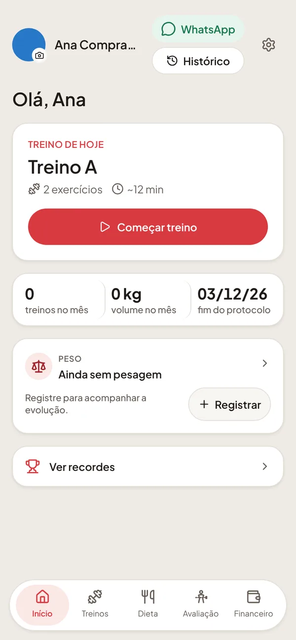 Tela inicial do app do aluno