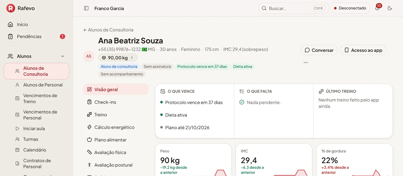 Ficha do aluno no painel do treinador